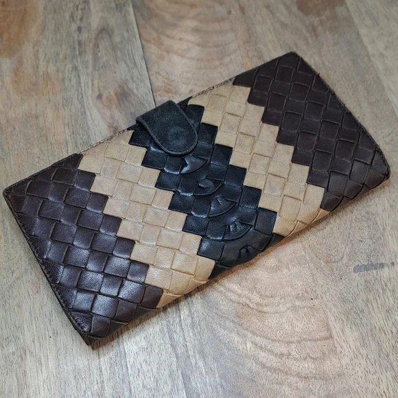 Bottega Veneta Intreccaito Black Brown and Tan Woven Wallet Clutch